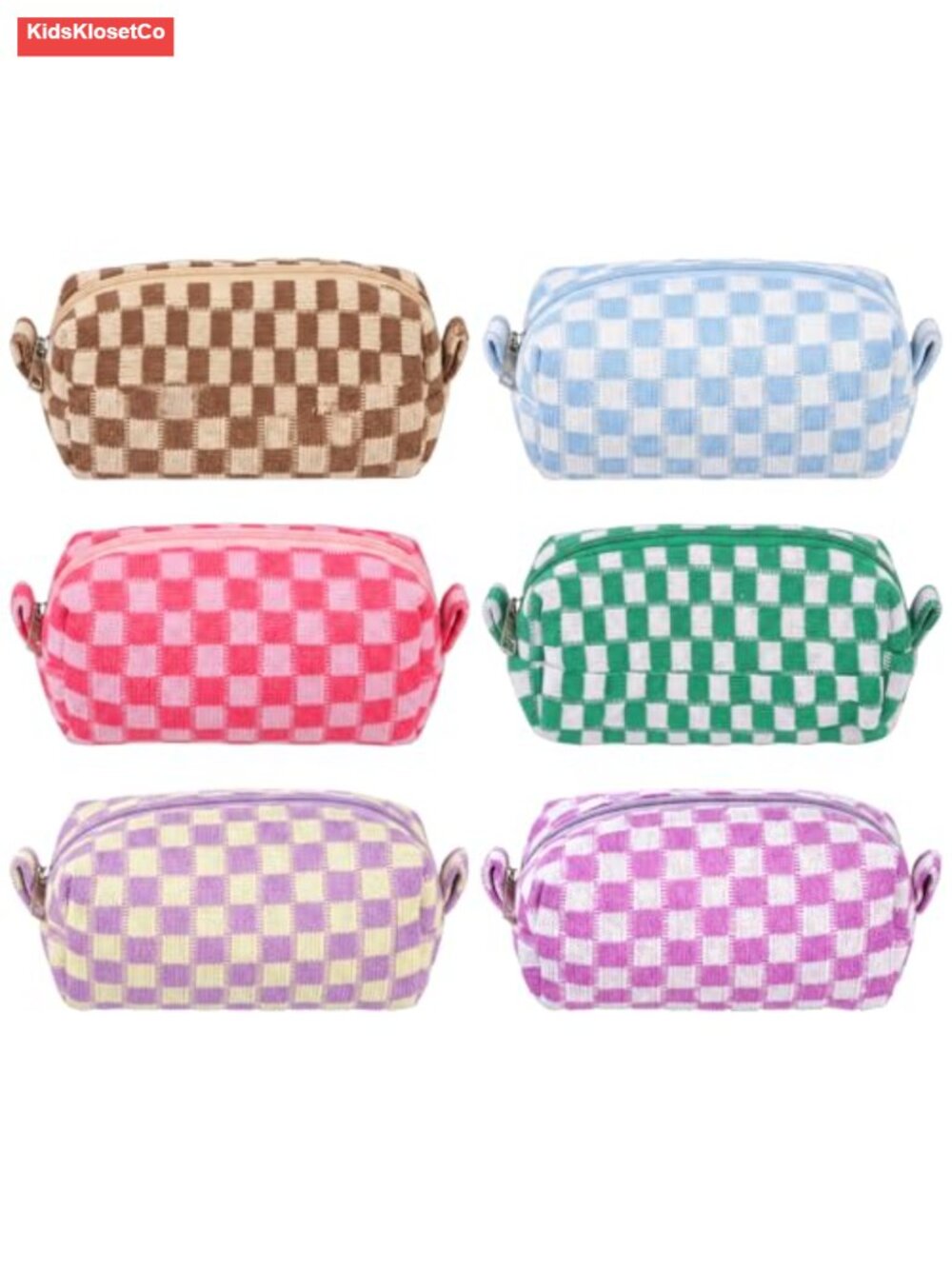 6 Pack Checkered Cosmetic Bags, Quilted Polyester Makeup Pouches with Zipper,